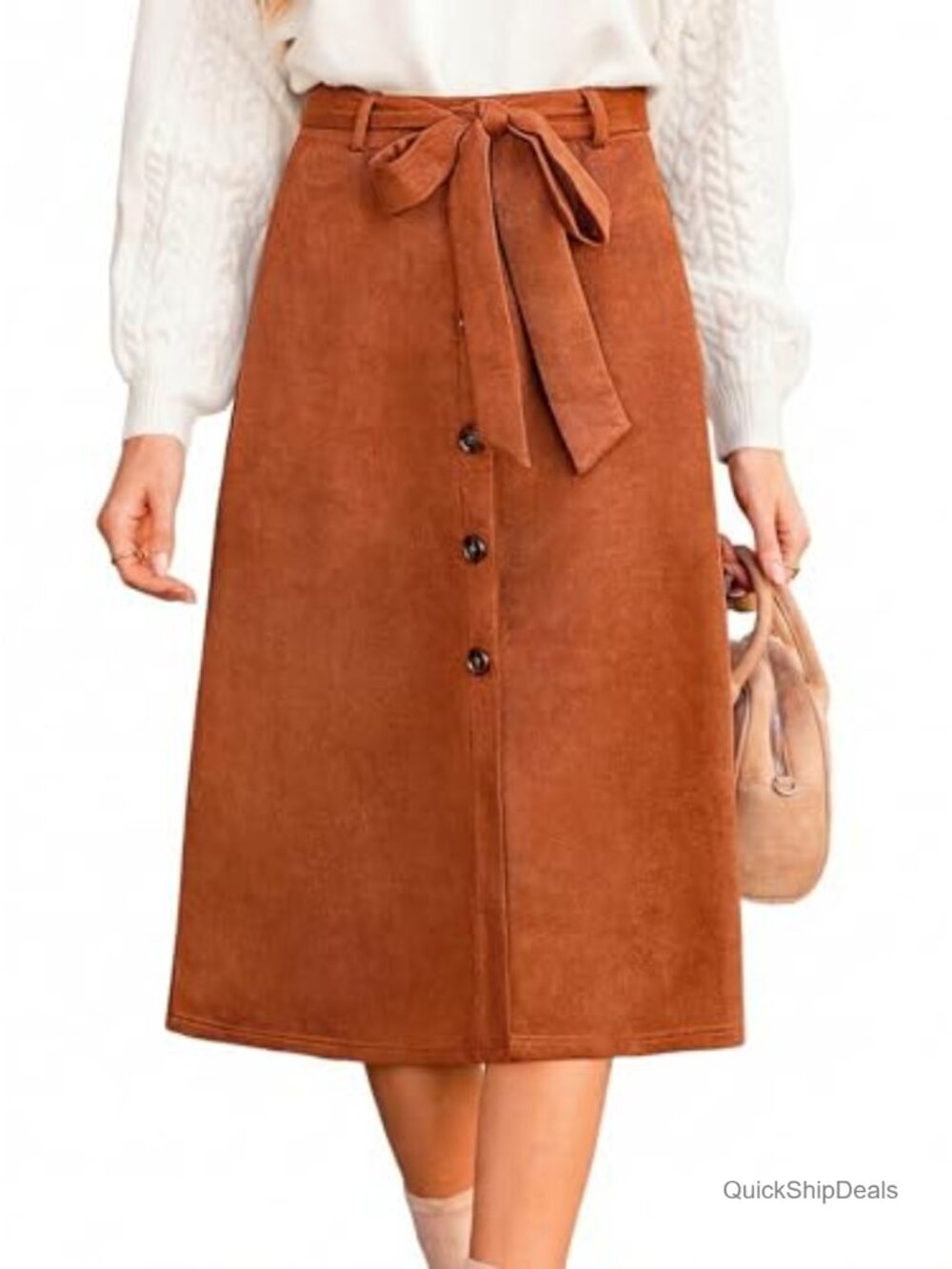Suede Button Front A-Line Tie Waist Midi Skirt High Waist Casual